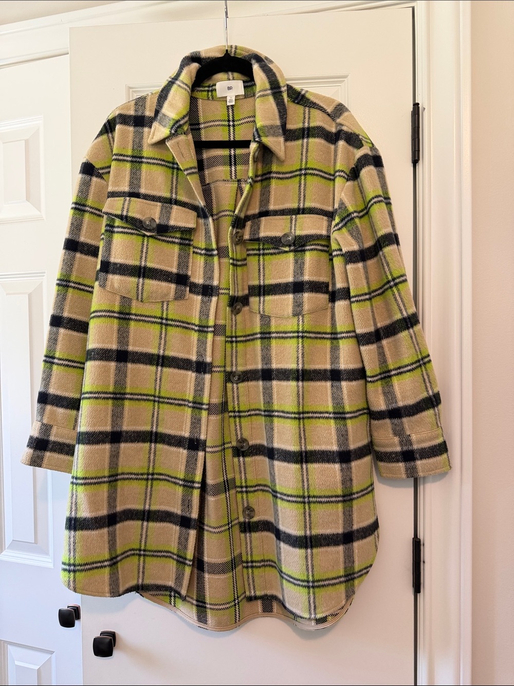 bp Plaid Shacket in Beige, Black & Lime Green